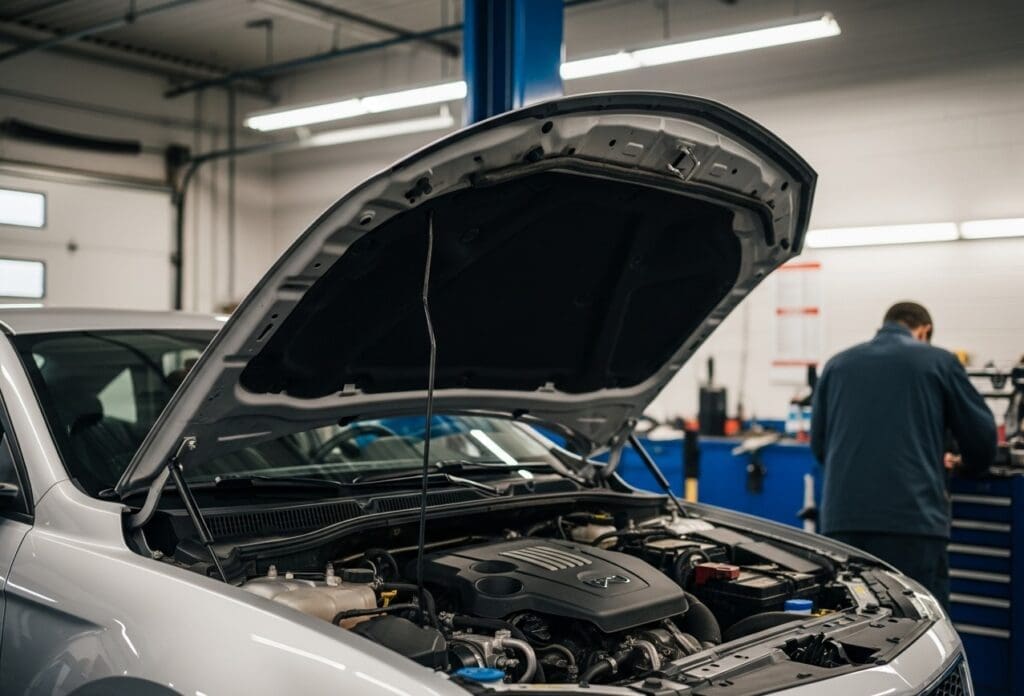 Car engine with hood open in garage