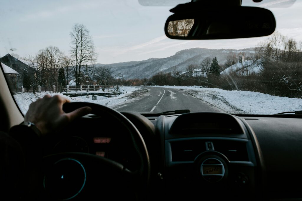 Driving on snowy mountain road
