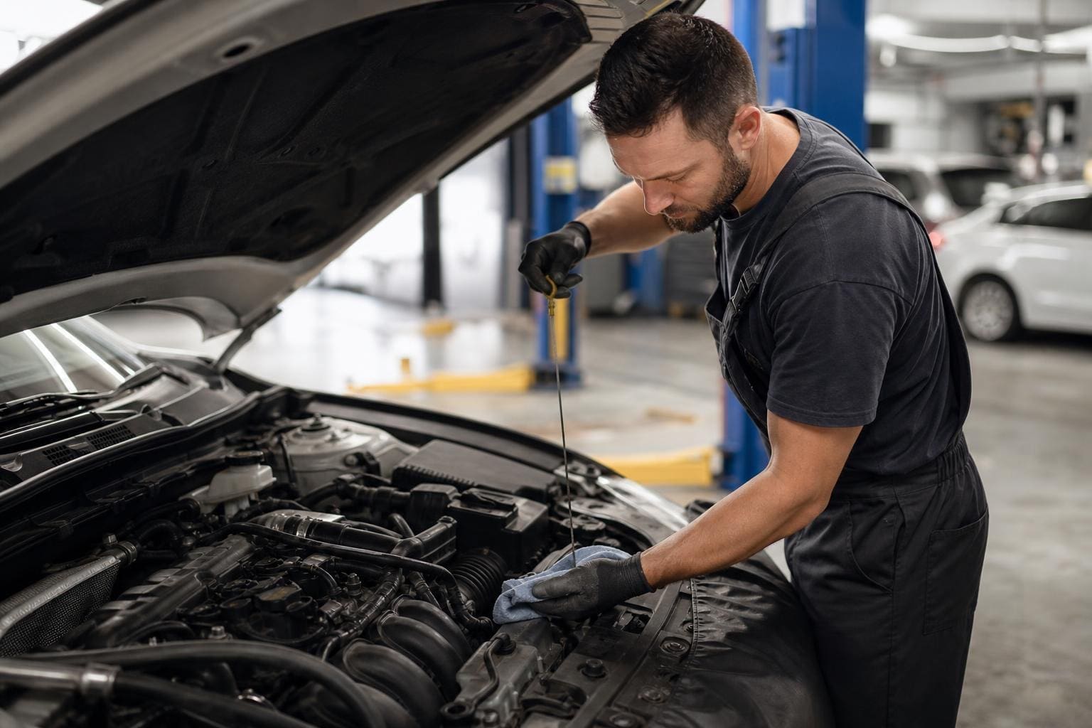Male mechanic in black workwear checking a car's oil level with a dipstick under an open hood in a bright, modern auto repair shop.