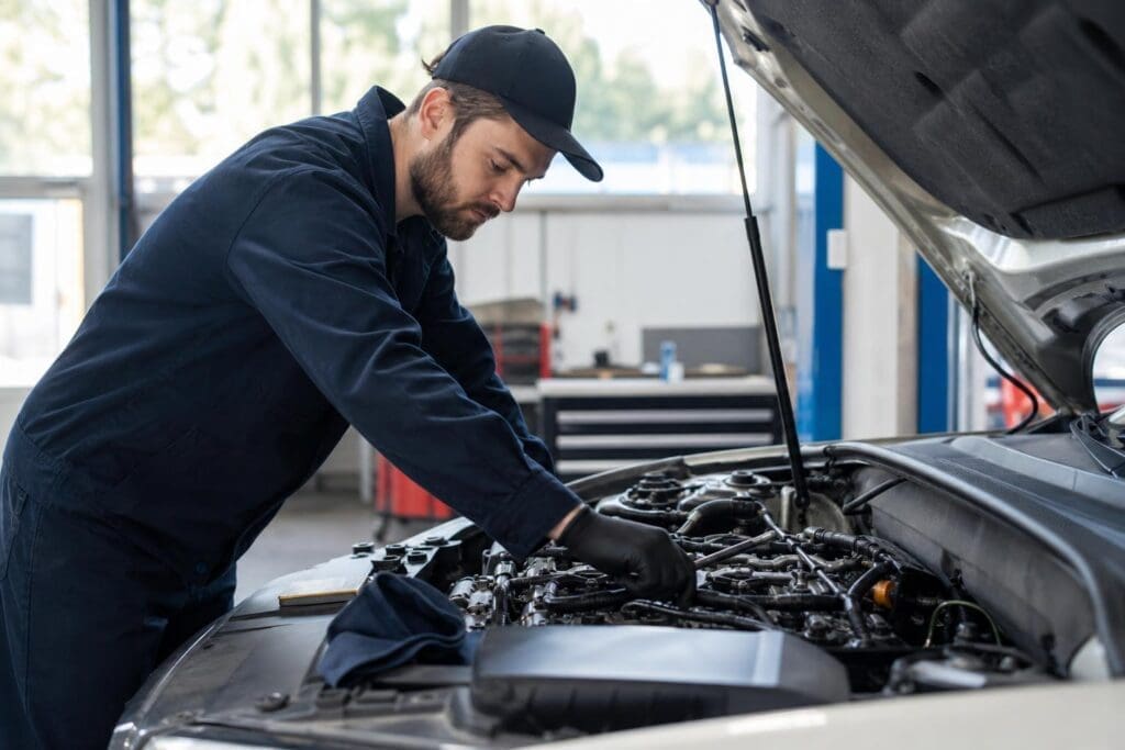 Mechanic in a navy blue uniform and cap inspecting a car engine under an open hood in a bright professional auto repair shop.