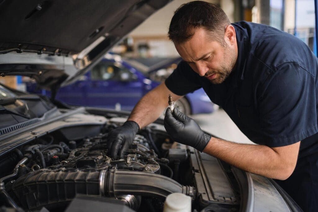 Mechanic in black gloves inspecting a spark plug while leaning over an open car engine bay in a repair shop.