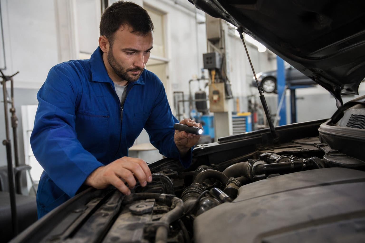 Mechanic in blue coveralls using a flashlight to inspect a car engine under an open hood in a professional repair shop.