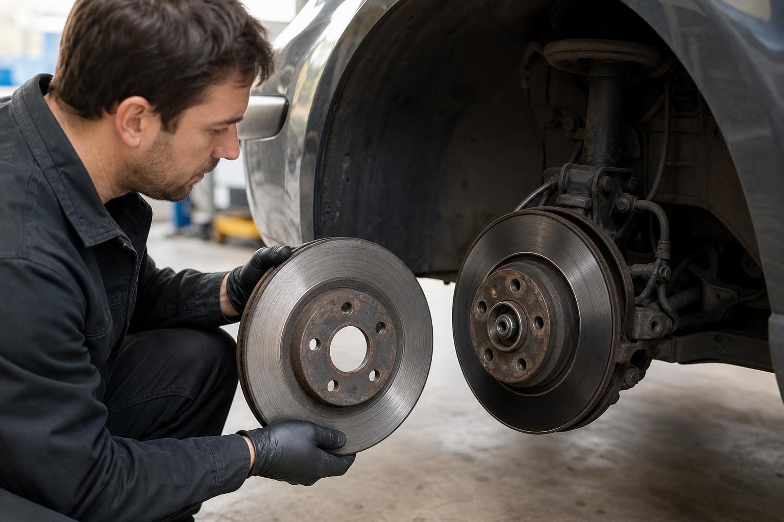 Mechanic in black gloves holding a worn metal brake rotor next to a car's exposed wheel hub assembly in a repair shop.