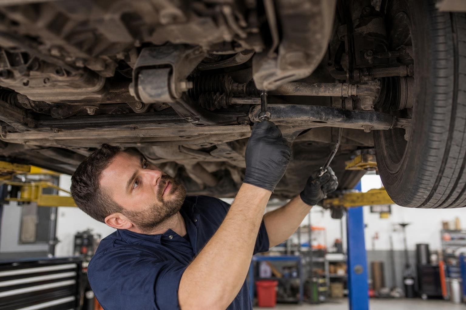 Mechanic in black gloves using a wrench to repair the undercarriage and suspension system of a car lifted on a hoist in a garage.