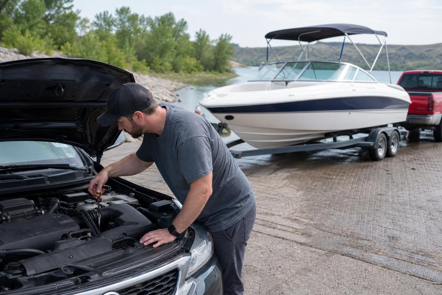 Man checking the oil dipstick of a black car with the hood open at a boat ramp, with a white motorboat on a trailer in the background.