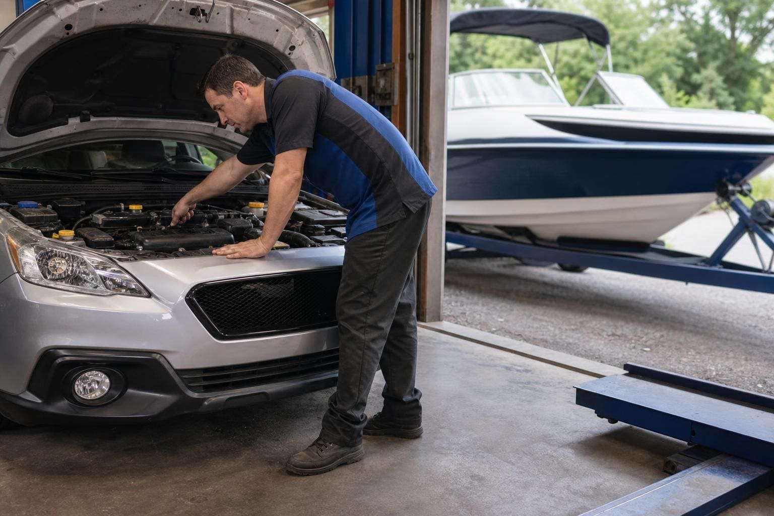 Mechanic inspecting a silver car's engine in a garage with a blue and white boat on a trailer visible in the background.