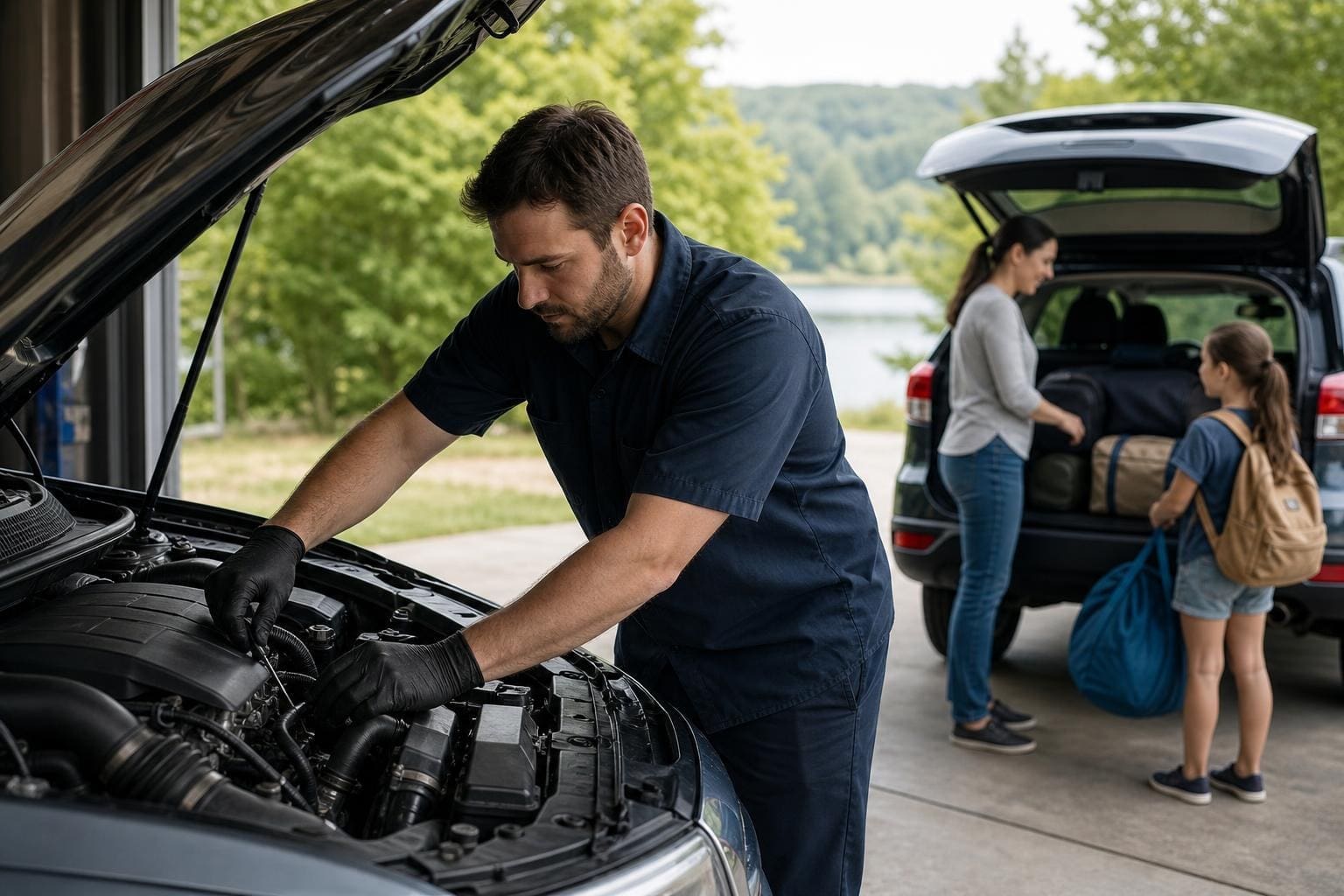 Mechanic in blue uniform inspecting a car engine while a mother and daughter pack luggage into an SUV for a trip near a lake.